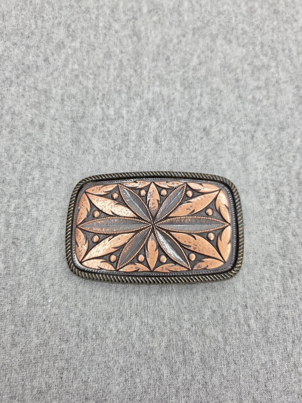 Vintage Copper Tone Starburst Leaves Engraved Rectangular Wide Waist Belt Buckle